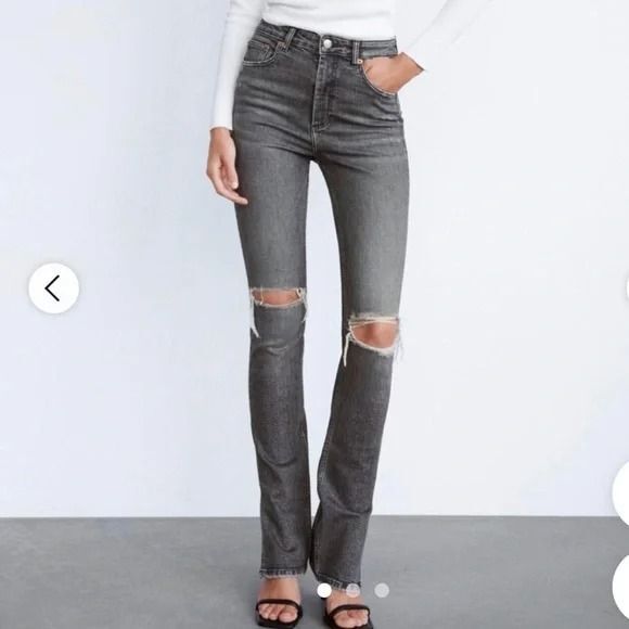 Zara Denim - Zara High-Rise Straight Leg Side Split Hem Washed Gray Distressed Size 4